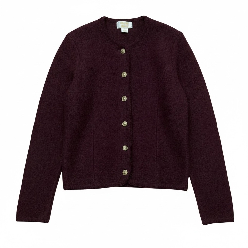 Tally-Ho Womens 100% Wool Cardigan Sweater Burgundy Crest Button Size Medium